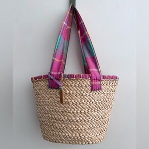 Rare 90s Ralph Lauren Woven Straw Tote Madras Plaid Cotton Straps Pastel Raffia